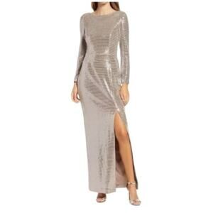 Eliza‎ J Gown Champagne Sequin Long Sleeve Dress with Leg Slit Size 8